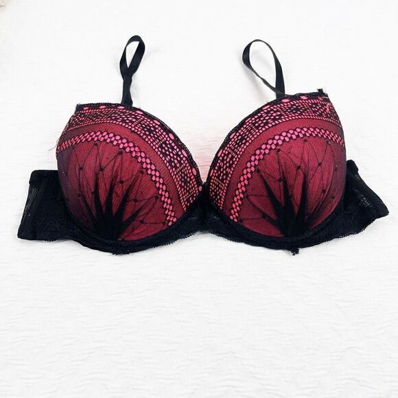 BUY 1 GET 1 FREE Jezebel 34b hot pink black lace mesh bra lingerie - Picture 1 of 12